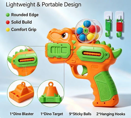 Dino Turbo Ball Blaster Toy Set - Kids Foam Ball Popper Gun with Volcano Target & 9 Sticky Balls, Indoor & Outdoor Shooting Target Game for Boys and Girls