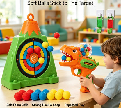 Dino Turbo Ball Blaster Toy Set - Kids Foam Ball Popper Gun with Volcano Target & 9 Sticky Balls, Indoor & Outdoor Shooting Target Game for Boys and Girls