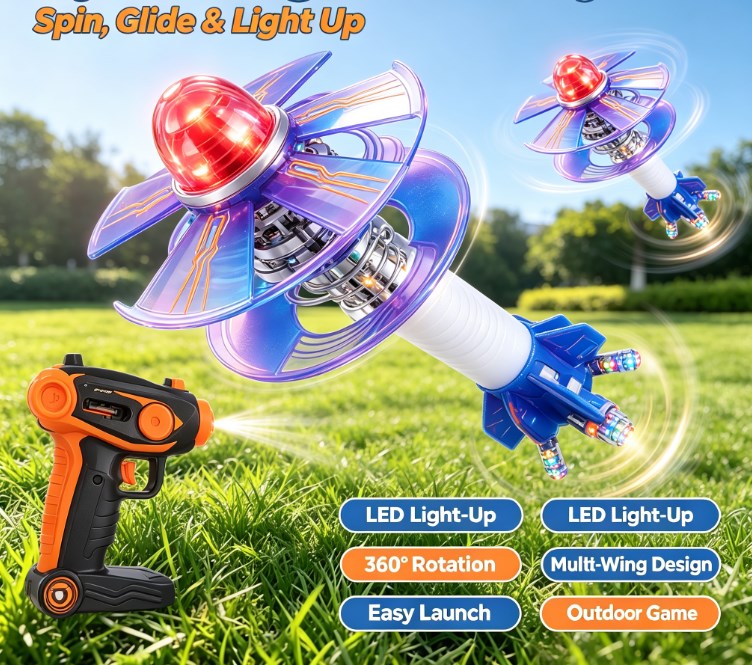 Gyro Wing Vortex Flyer Toy - LED Light-Up Spinning Flying Disc & Rocket Launcher Set, 360° Rotation Outdoor Action Toy for Kids and Teens