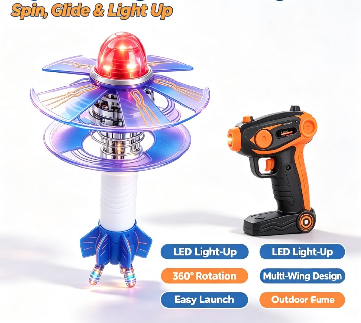 Gyro Wing Vortex Flyer Toy - LED Light-Up Spinning Flying Disc & Rocket Launcher Set, 360° Rotation Outdoor Action Toy for Kids and Teens