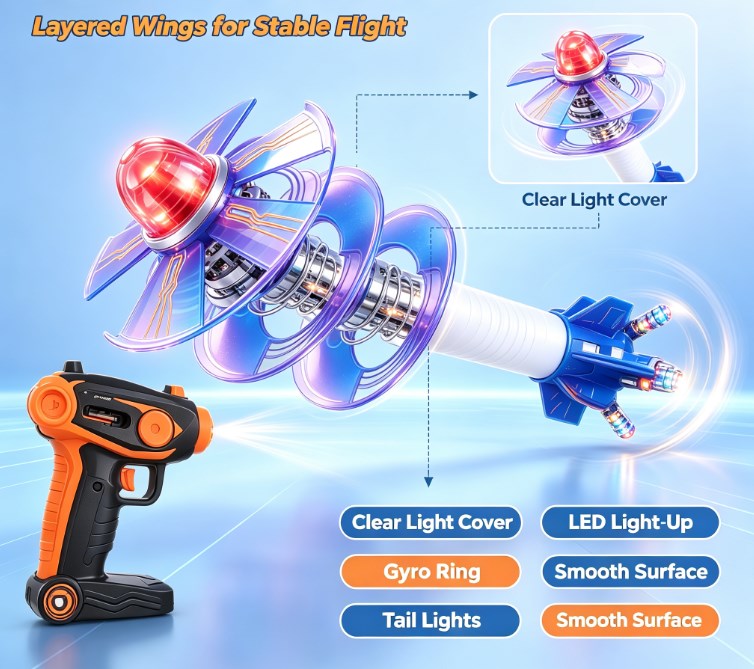 Gyro Wing Vortex Flyer Toy - LED Light-Up Spinning Flying Disc & Rocket Launcher Set, 360° Rotation Outdoor Action Toy for Kids and Teens