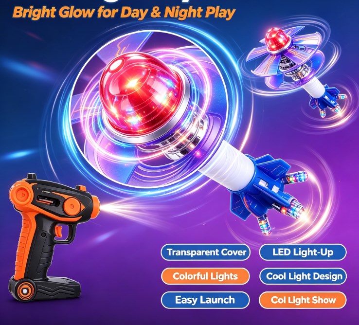 Gyro Wing Vortex Flyer Toy - LED Light-Up Spinning Flying Disc & Rocket Launcher Set, 360° Rotation Outdoor Action Toy for Kids and Teens