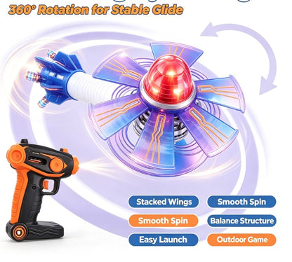Gyro Wing Vortex Flyer Toy - LED Light-Up Spinning Flying Disc & Rocket Launcher Set, 360° Rotation Outdoor Action Toy for Kids and Teens
