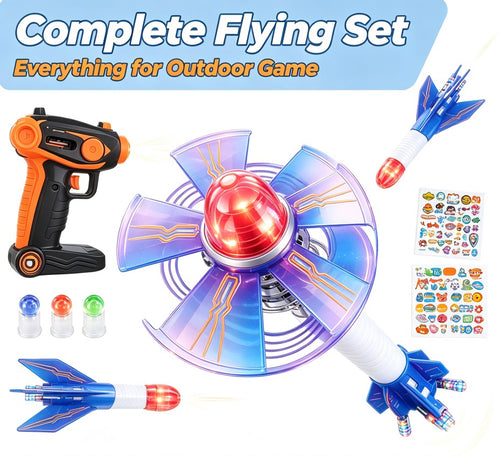 Gyro Wing Vortex Flyer Toy - LED Light-Up Spinning Flying Disc & Rocket Launcher Set, 360° Rotation Outdoor Action Toy for Kids and Teens