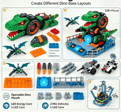 Jurassic Mecha Dino Station Playset - Interactive Transforming T-Rex Headquarters with Glowing Core and Mini Air & Land Vehicles for Boys