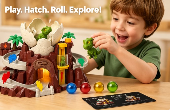 Jurassic Volcano Adventure Play Set – Manual Elevator, Hatching Dinosaur Figure, and Ball Track Ramp for Kids