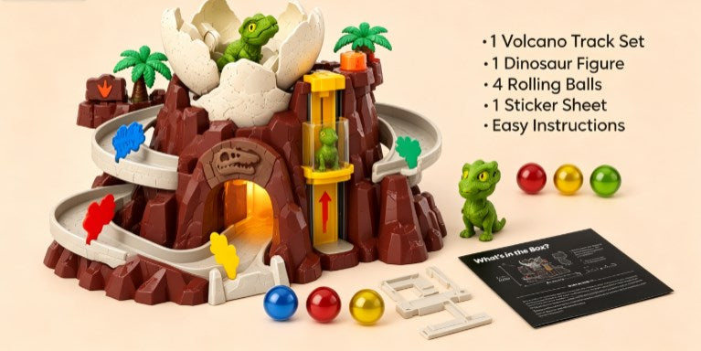 Jurassic Volcano Adventure Play Set – Manual Elevator, Hatching Dinosaur Figure, and Ball Track Ramp for Kids