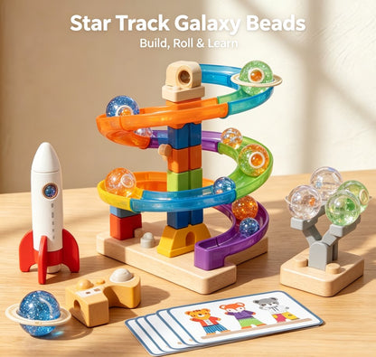 Star Track Galaxy Beads Toy Set - Wooden & Plastic Marble Run with Planet Design, Rocket Ship, and STEM Educational Building Blocks for Toddlers