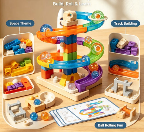 Star Track Galaxy Beads Toy Set - Wooden & Plastic Marble Run with Planet Design, Rocket Ship, and STEM Educational Building Blocks for Toddlers