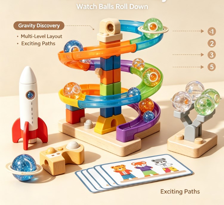Star Track Galaxy Beads Toy Set - Wooden & Plastic Marble Run with Planet Design, Rocket Ship, and STEM Educational Building Blocks for Toddlers
