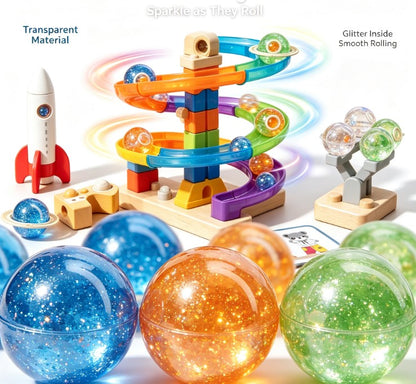 Star Track Galaxy Beads Toy Set - Wooden & Plastic Marble Run with Planet Design, Rocket Ship, and STEM Educational Building Blocks for Toddlers