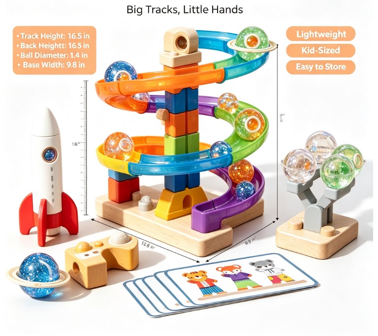 Star Track Galaxy Beads Toy Set - Wooden & Plastic Marble Run with Planet Design, Rocket Ship, and STEM Educational Building Blocks for Toddlers