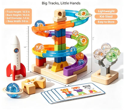 Star Track Galaxy Beads Toy Set - Wooden & Plastic Marble Run with Planet Design, Rocket Ship, and STEM Educational Building Blocks for Toddlers