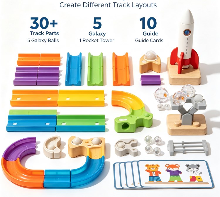 Star Track Galaxy Beads Toy Set - Wooden & Plastic Marble Run with Planet Design, Rocket Ship, and STEM Educational Building Blocks for Toddlers
