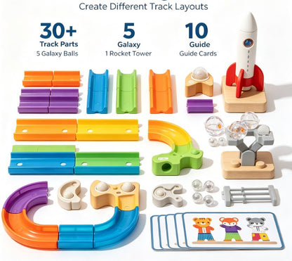 Star Track Galaxy Beads Toy Set - Wooden & Plastic Marble Run with Planet Design, Rocket Ship, and STEM Educational Building Blocks for Toddlers