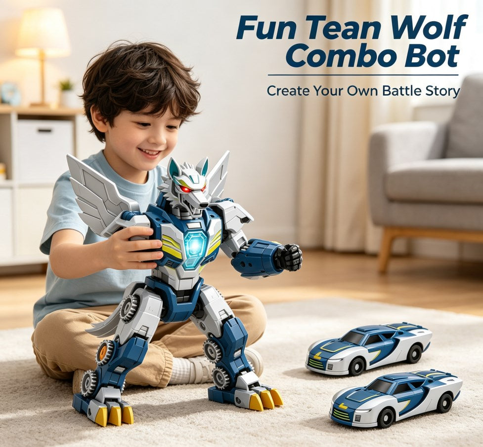 Thunder Wolf Combo Bot - 2-in-1 Transforming Robot Car Toy, Split & Combine Action Figure with Light & Sound, STEM Educational Toy Gift for Kids