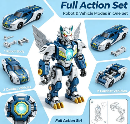 Thunder Wolf Combo Bot - 2-in-1 Transforming Robot Car Toy, Split & Combine Action Figure with Light & Sound, STEM Educational Toy Gift for Kids